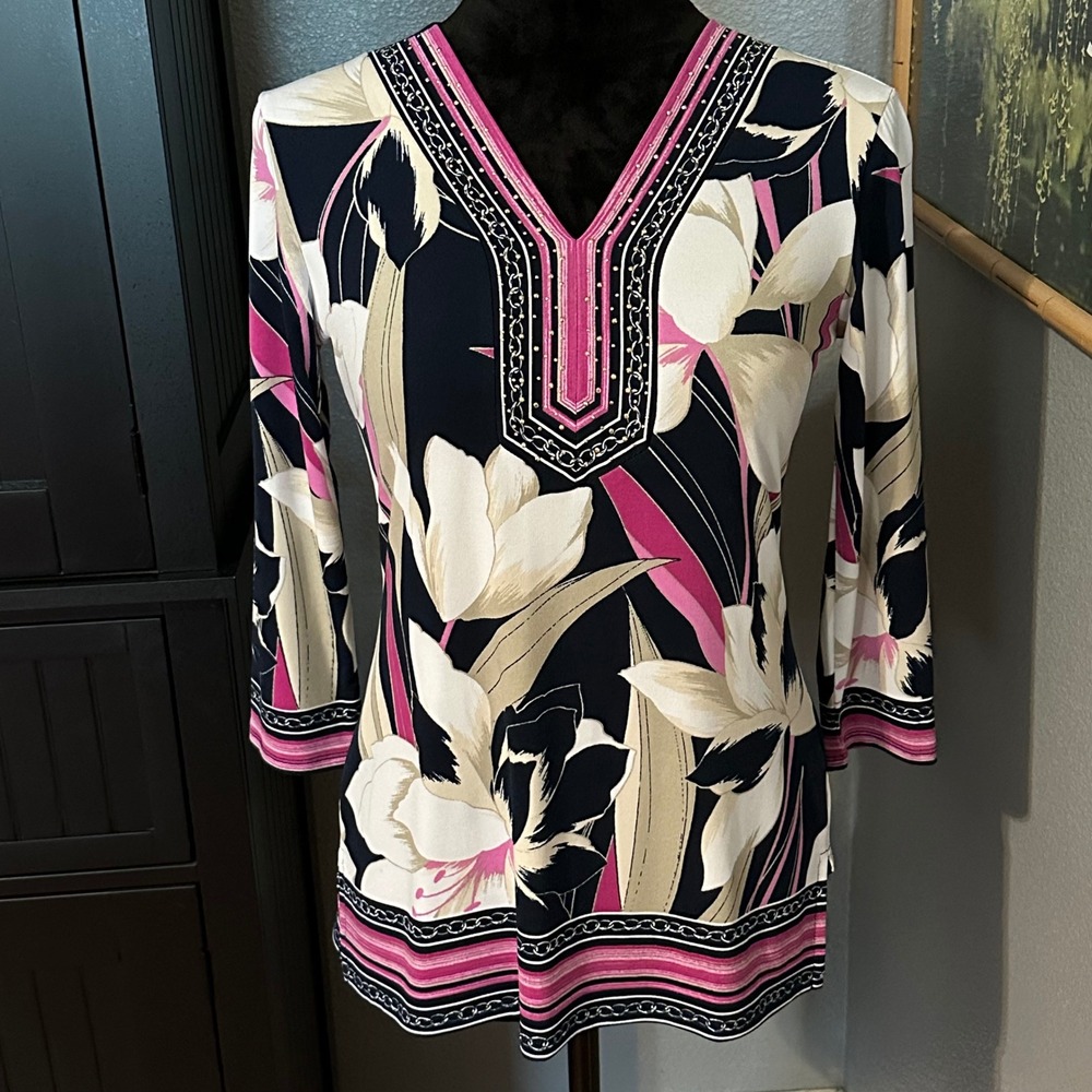 JM Collection Petite Blouse PXS Floral Tropical V-Neck Top Pink Black Stretch